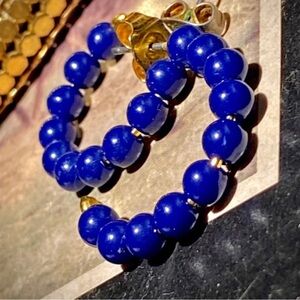 Vintage beaded hoop earrings with bright beautiful blue beads looks like Lapis